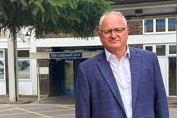 Ian Roome MP outside maternity services at North Devon District Hospital