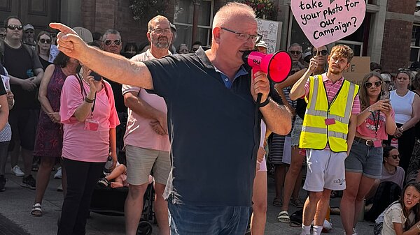 Ian Roome MP speaking to at a Maternity Services Protest in Barnstaple